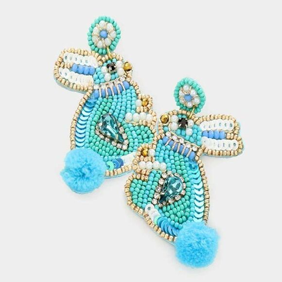 Bunny Pom Poms Seed Bead Turquoise Earrings by Treasure Jewelry - Picture 3 of 5